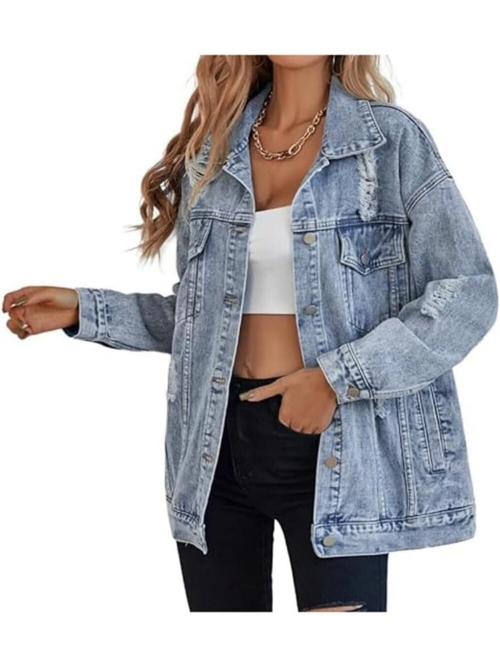 Distressed Oversized Denim Jacket for Women | Stylish Coat with Pockets